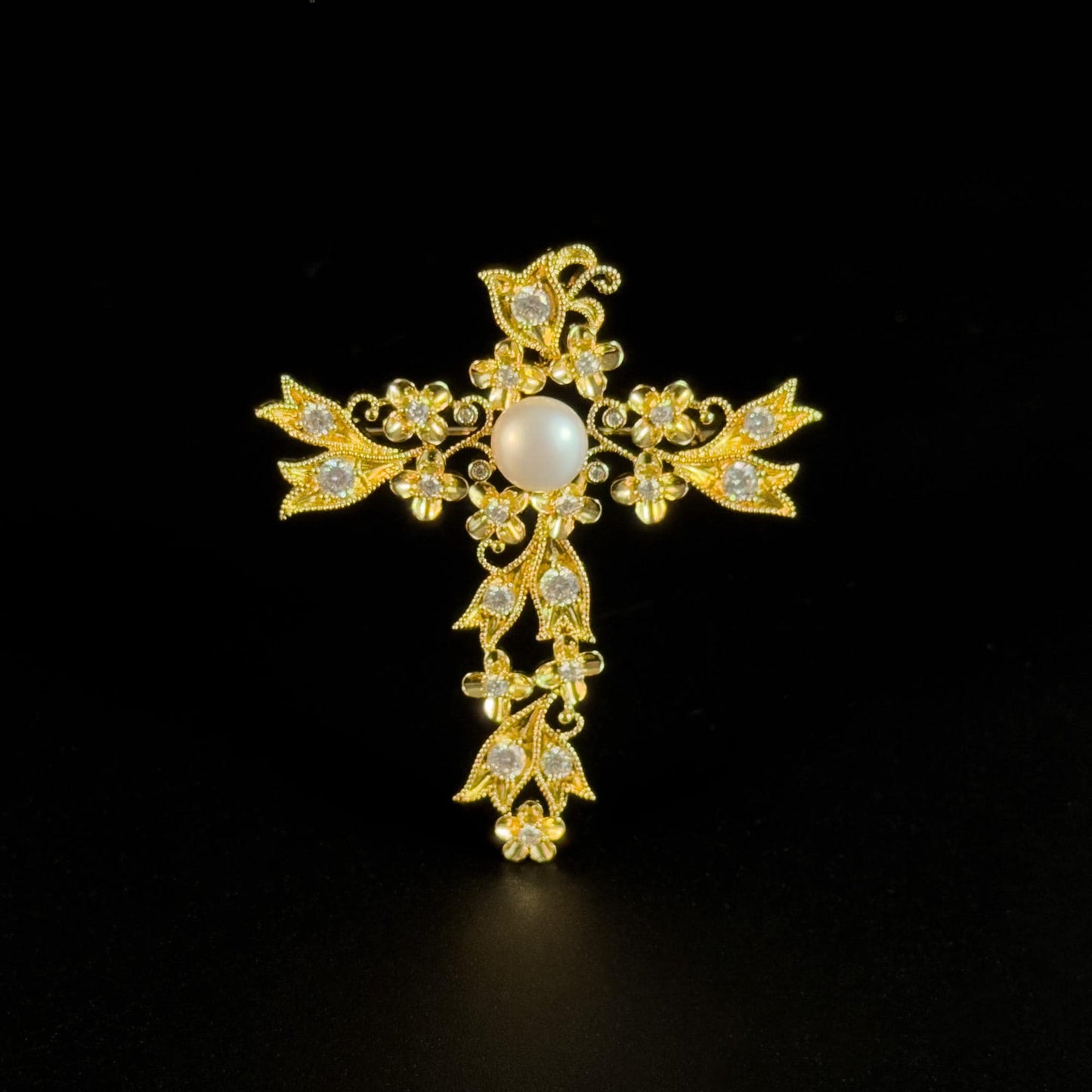 Gold Floral Pearl Cross-Shaped Brooch
