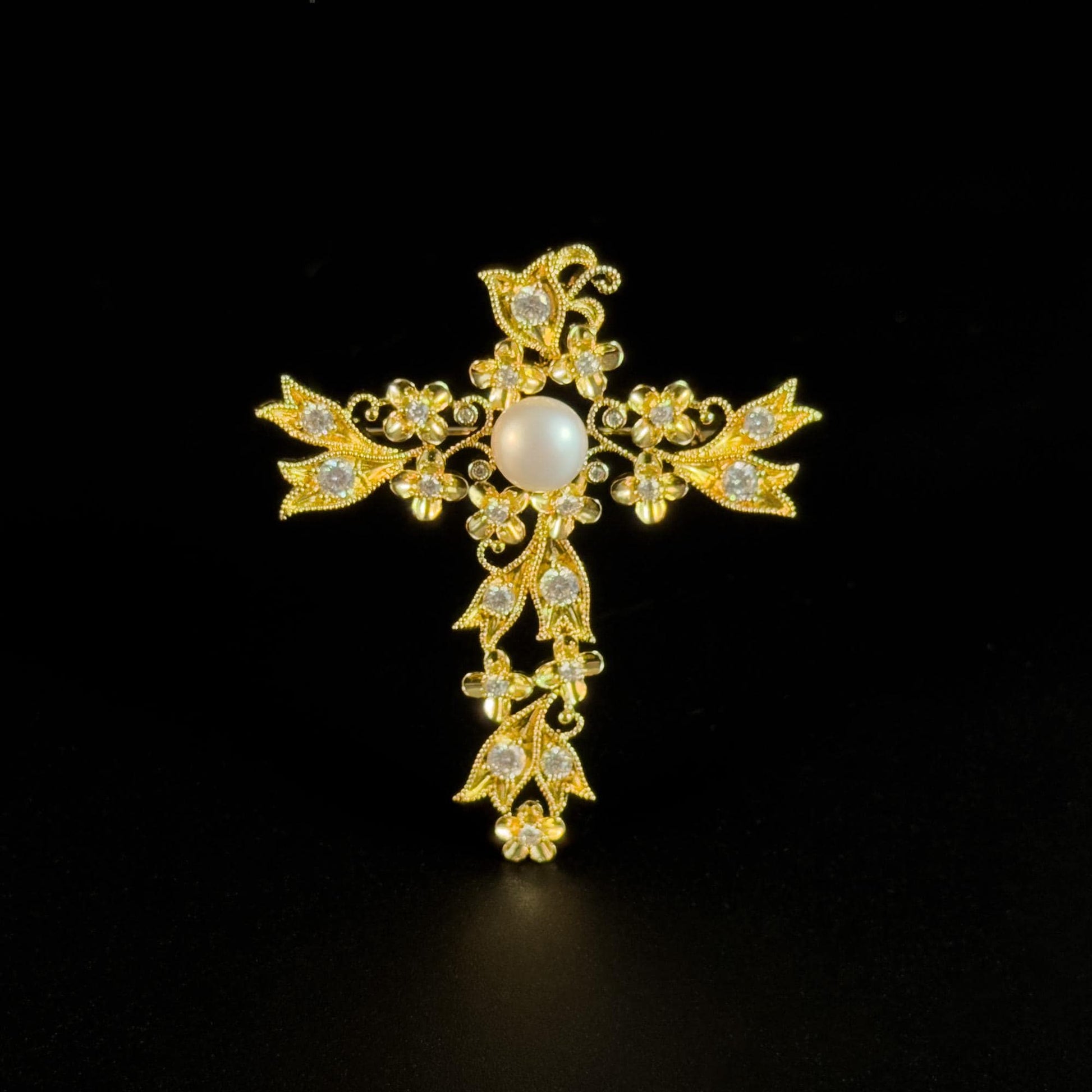 Gold Floral Pearl Cross-Shaped Brooch