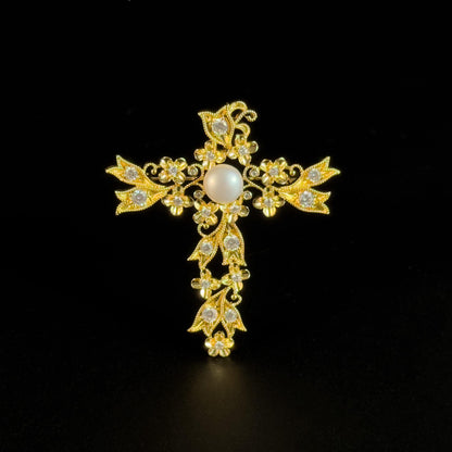 Gold Floral Pearl Cross-Shaped Brooch