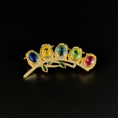 Multicolored Zircon Gold Pea Pod Brooch