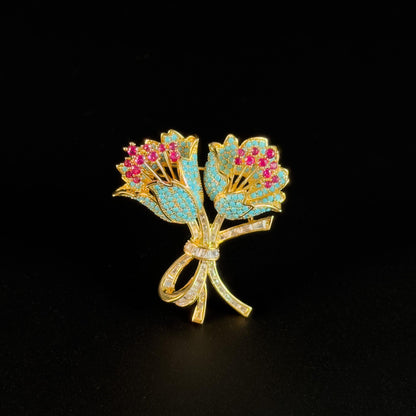 Vintage Blue Tulip Bouquet Brooch