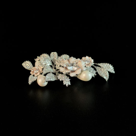 Luxury Silver Floral Brooch with Full Diamonds