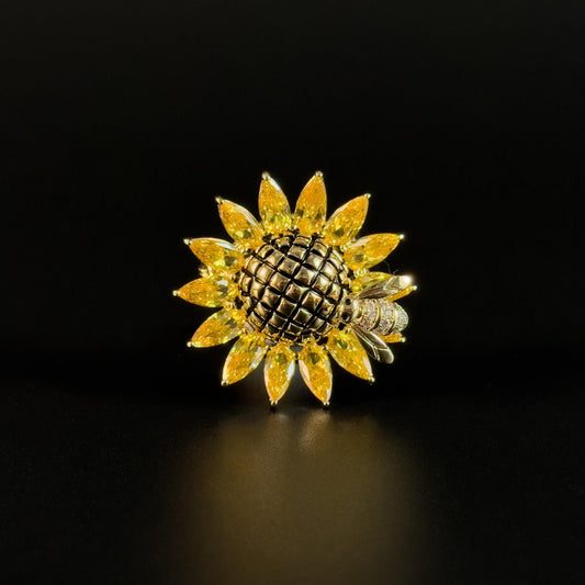 Spring-Loaded Bee and Sunflower Brooch