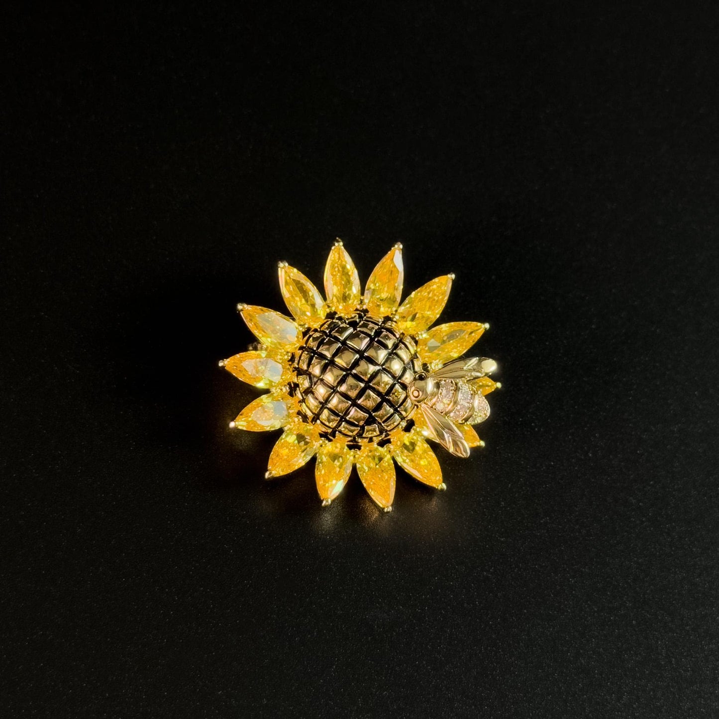 Spring-Loaded Bee and Sunflower Brooch