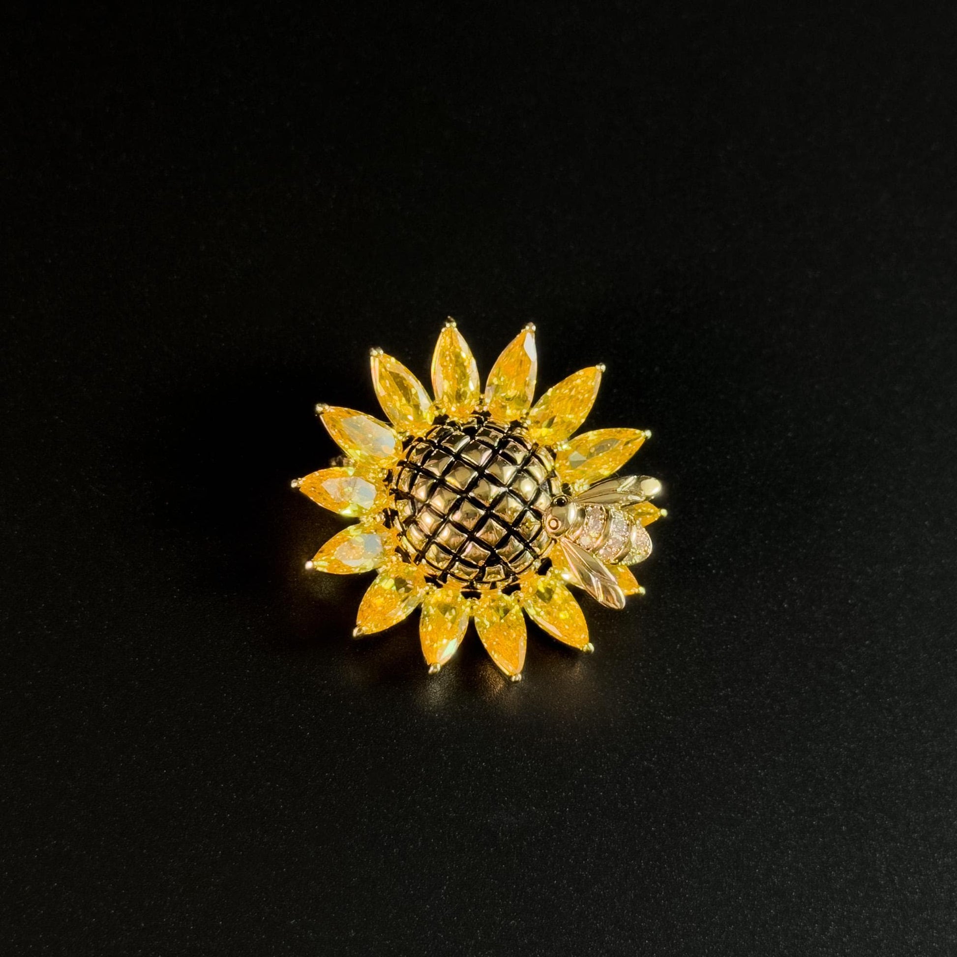 Spring-Loaded Bee and Sunflower Brooch
