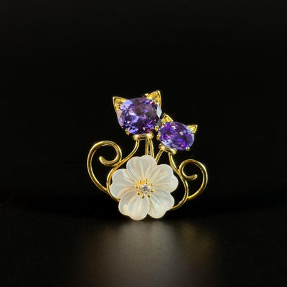 Flower and Kitten Brooch
