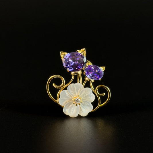 Flower and Kitten Brooch