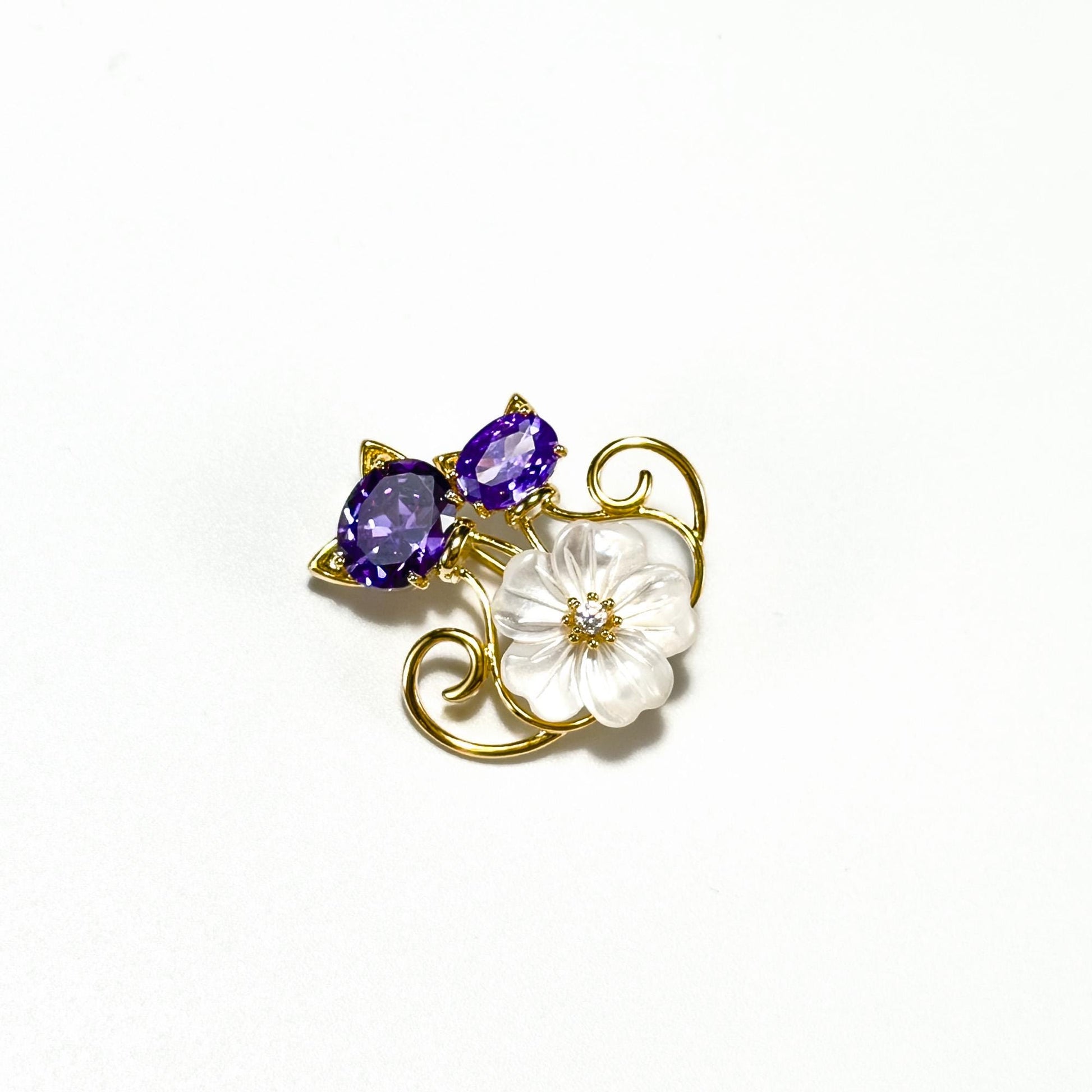 Flower and Kitten Brooch