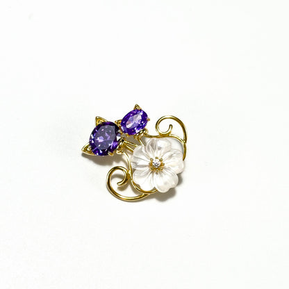 Flower and Kitten Brooch