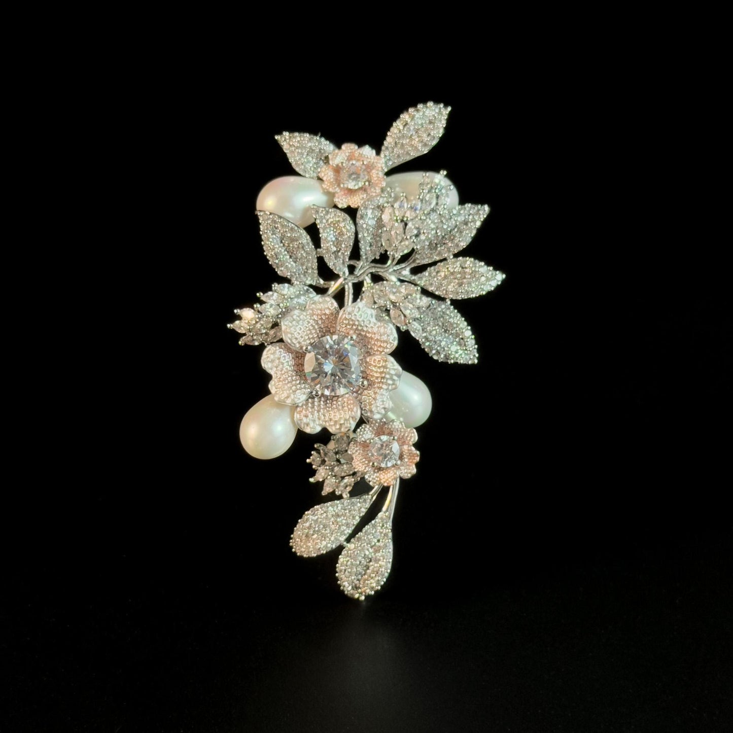 Luxury Silver Floral Brooch with Full Diamonds