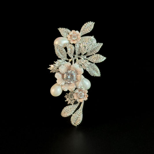 Luxury Silver Floral Brooch with Full Diamonds