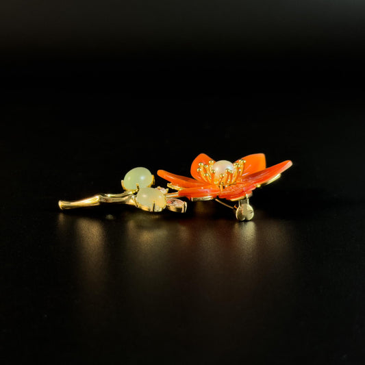Orange-Red Seashell Flower Brooch
