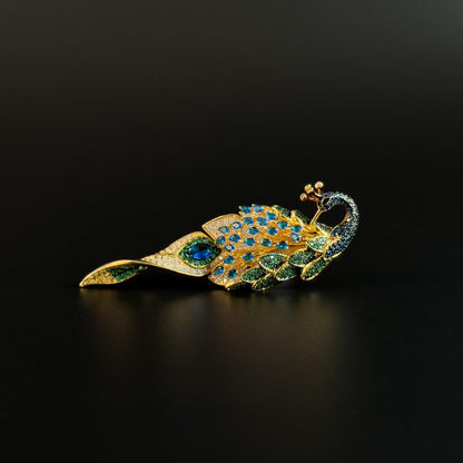Court-Style Peacock Brooch Fully Rhinestoneed