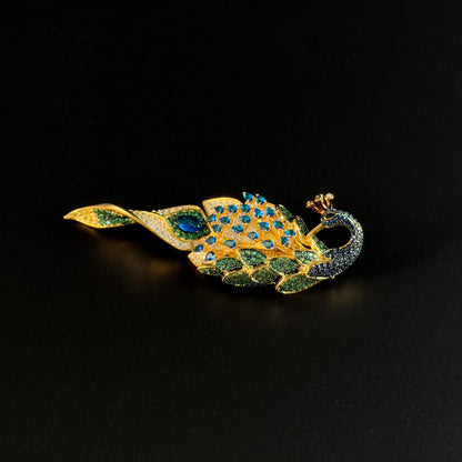 Court-Style Peacock Brooch Fully Rhinestoneed