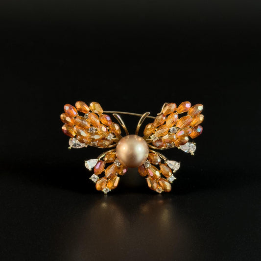 Heavy-Duty Champagne-Colored Crystal Butterfly Brooch