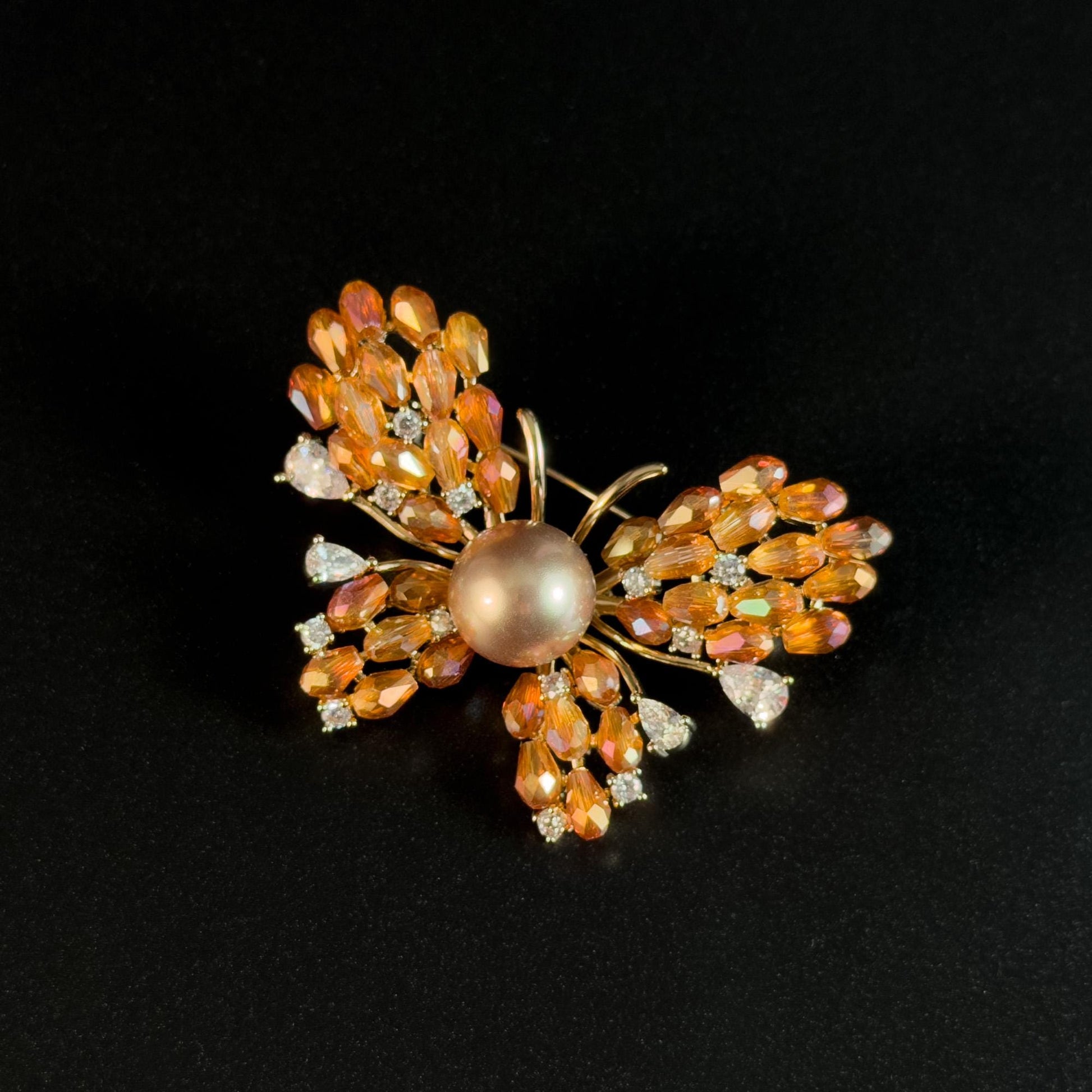 Heavy-Duty Champagne-Colored Crystal Butterfly Brooch
