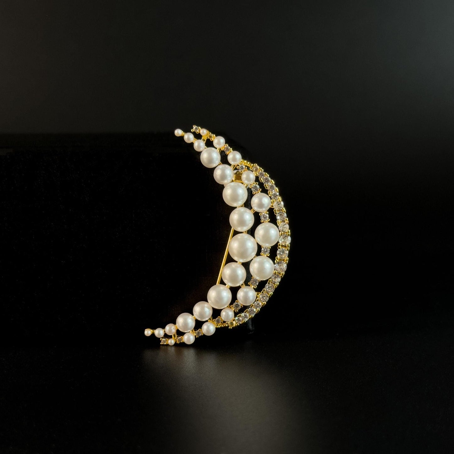 French-Style Pearl Crescent Moon Brooch