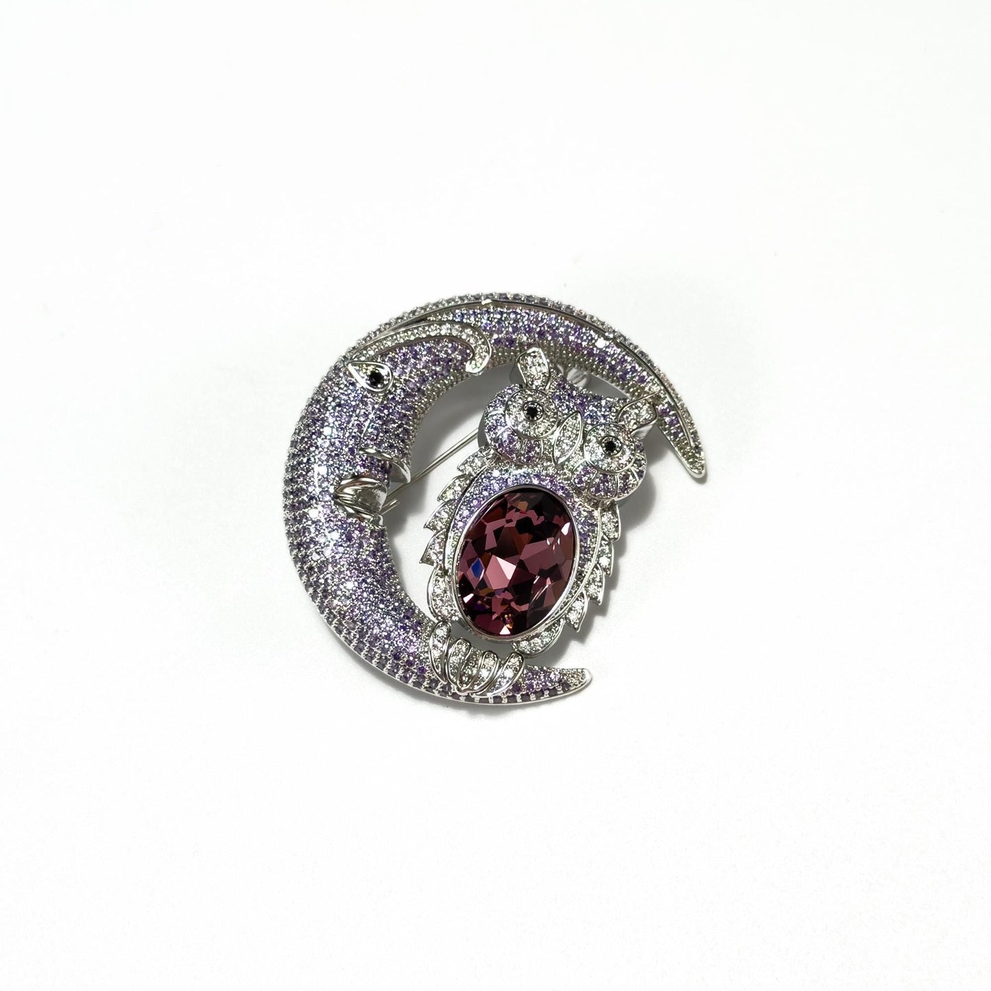 Pink Moon and Owl Brooch