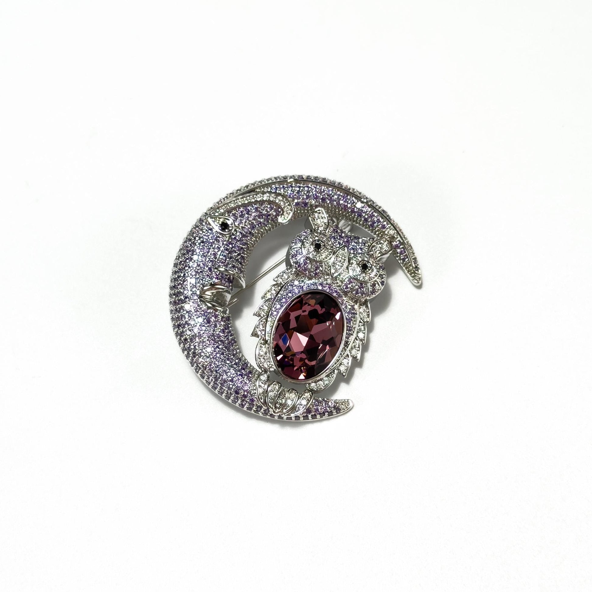 Pink Moon and Owl Brooch