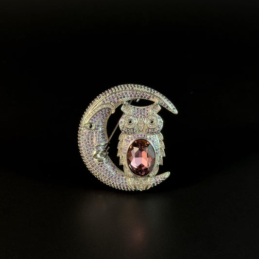 Pink Moon and Owl Brooch