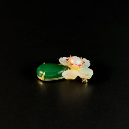 Emerald Vase with White Flowers Brooch