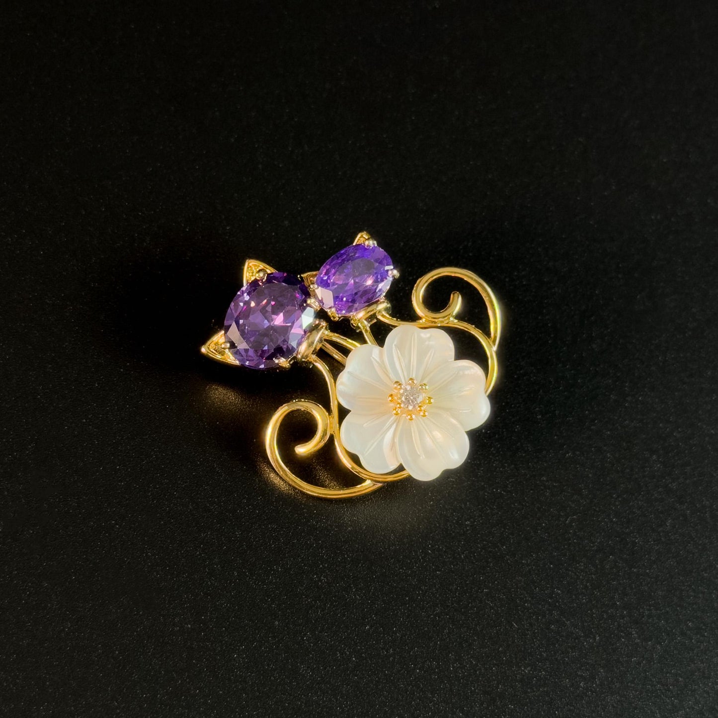 Flower and Kitten Brooch