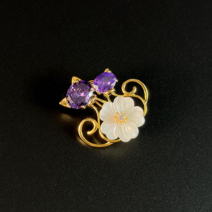 Flower and Kitten Brooch