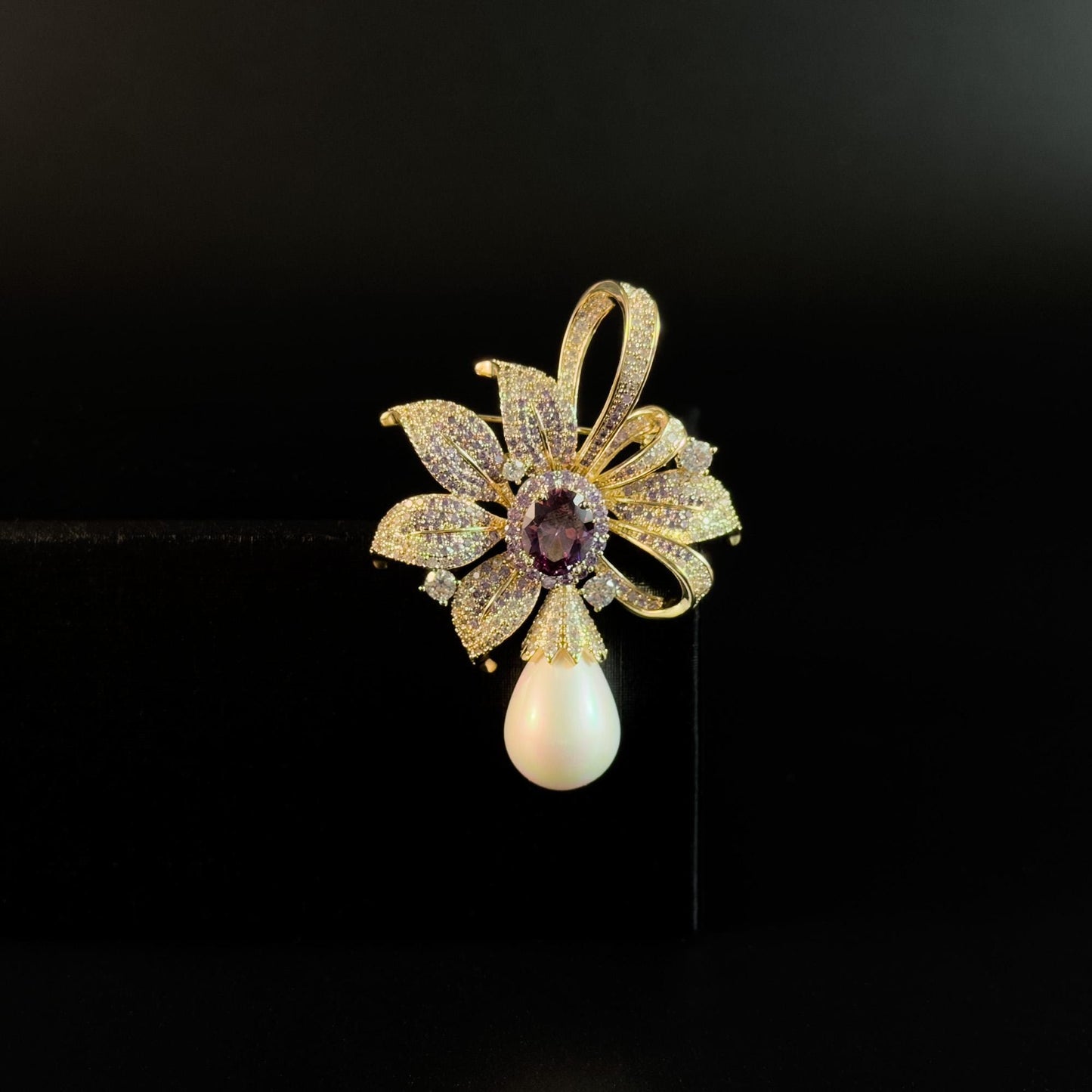 Purple Zircon Bow and Pearl Pendant Brooch