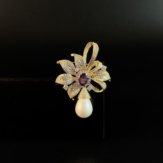 Purple Zircon Bow and Pearl Pendant Brooch