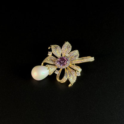 Purple Zircon Bow and Pearl Pendant Brooch