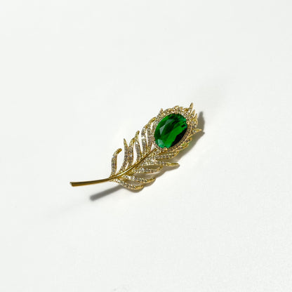 Emerald Zircon and Gold Feather Brooch