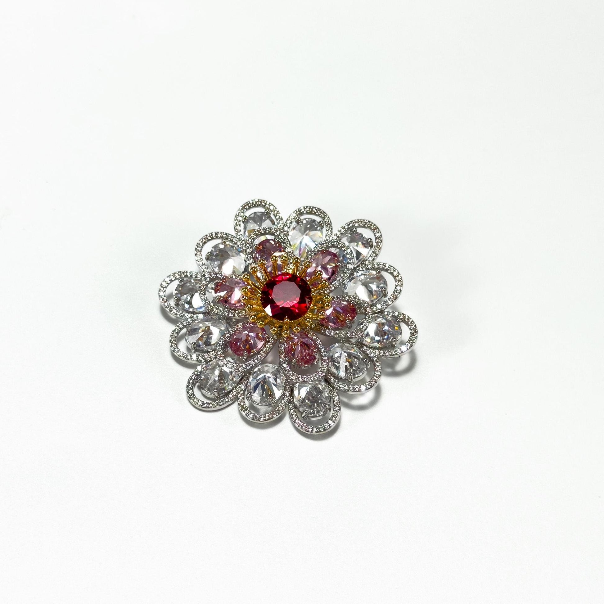 Red Zircon White Flower Brooch