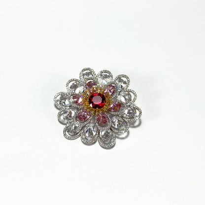 Red Zircon White Flower Brooch