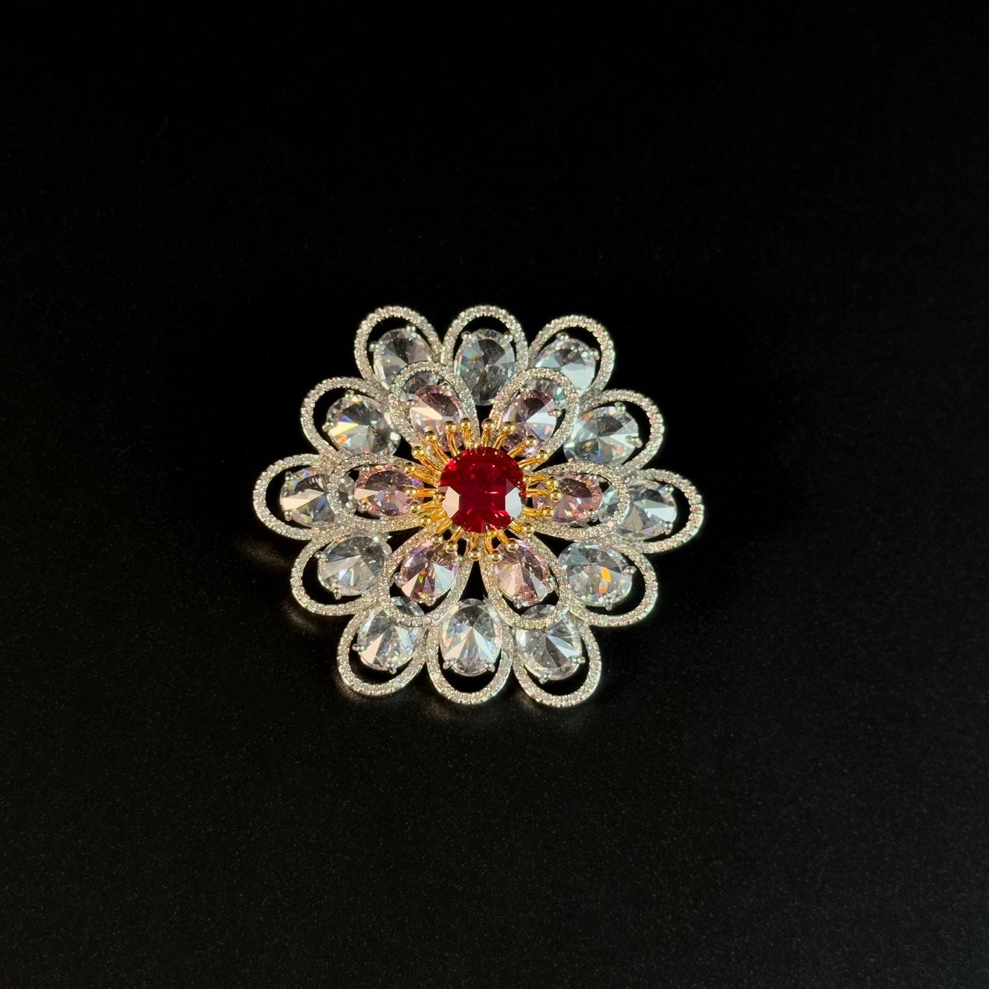 Red Zircon White Flower Brooch