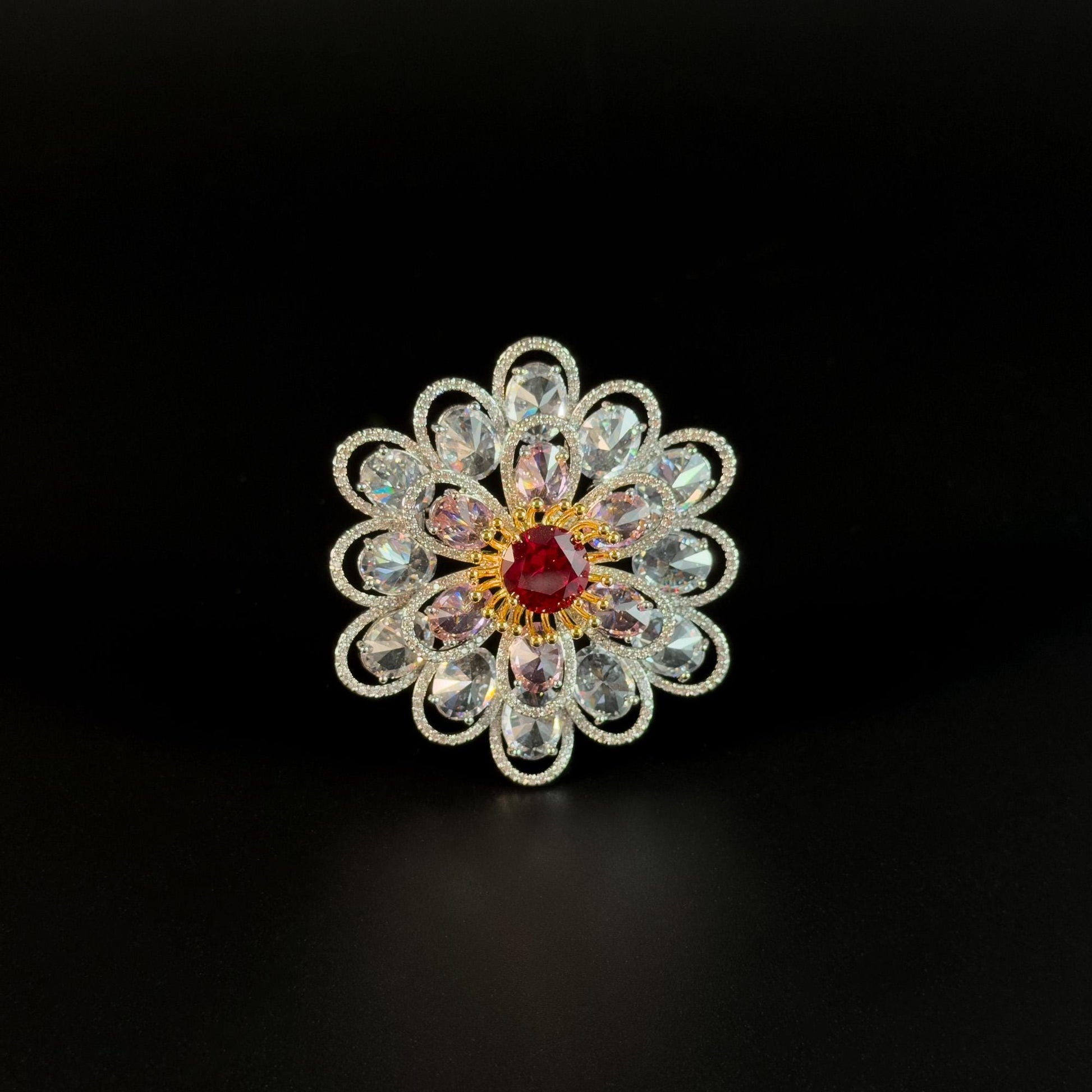 Red Zircon White Flower Brooch