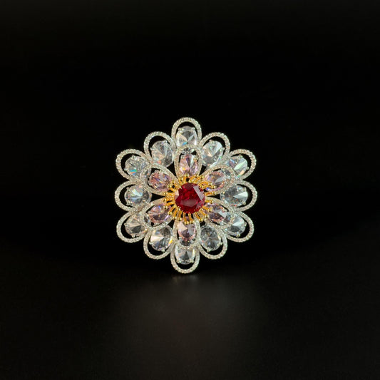 Red Zircon White Flower Brooch