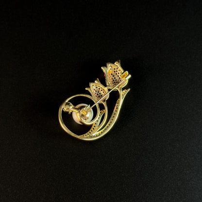 French Double Rose Pearl Brooch