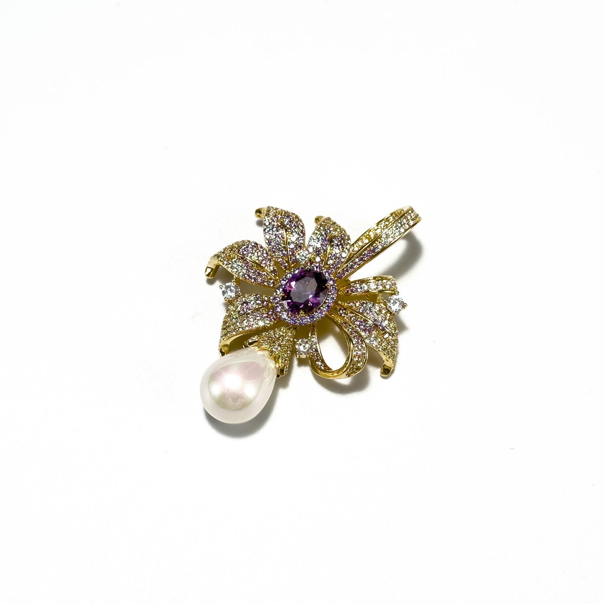 Purple Zircon Bow and Pearl Pendant Brooch