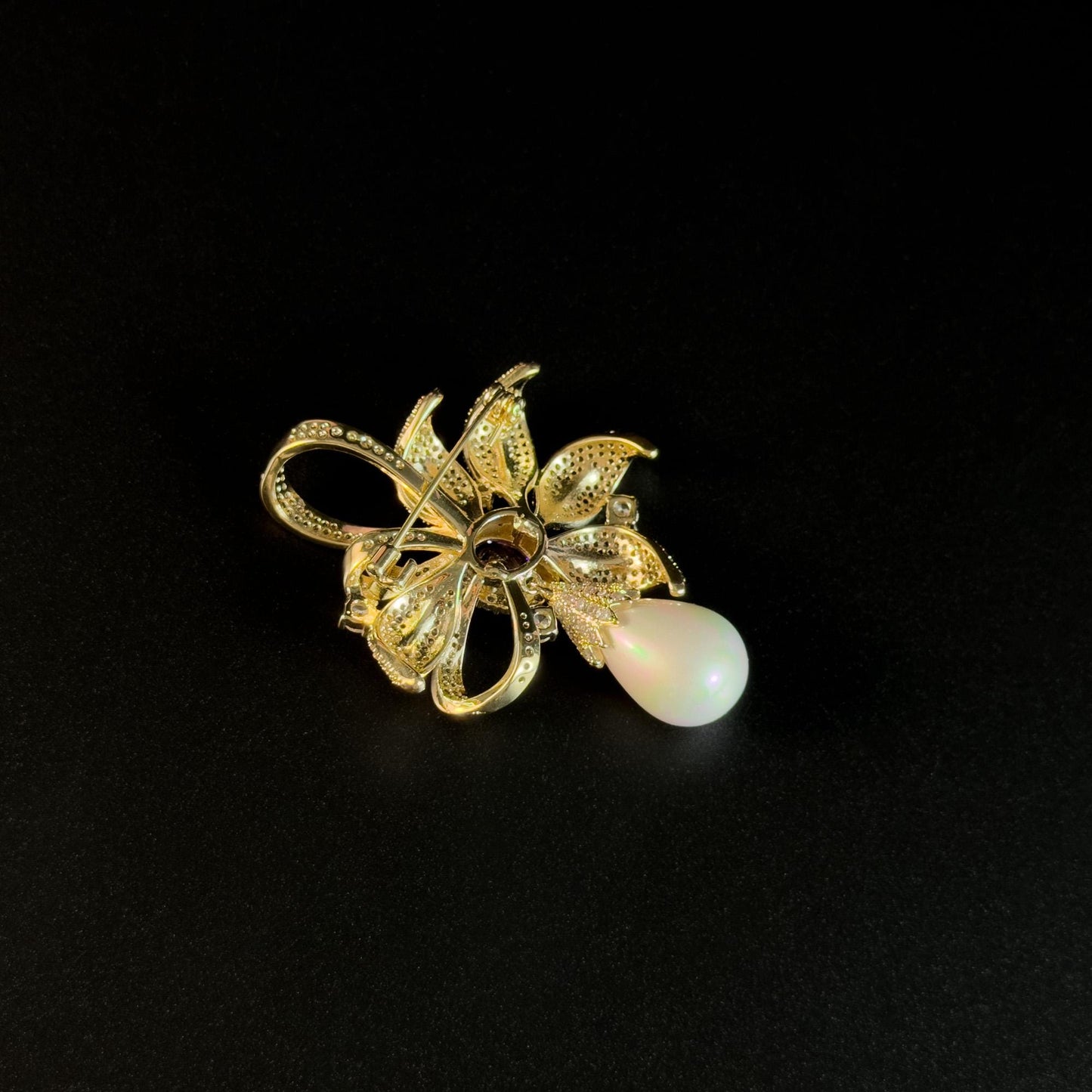 Purple Zircon Bow and Pearl Pendant Brooch