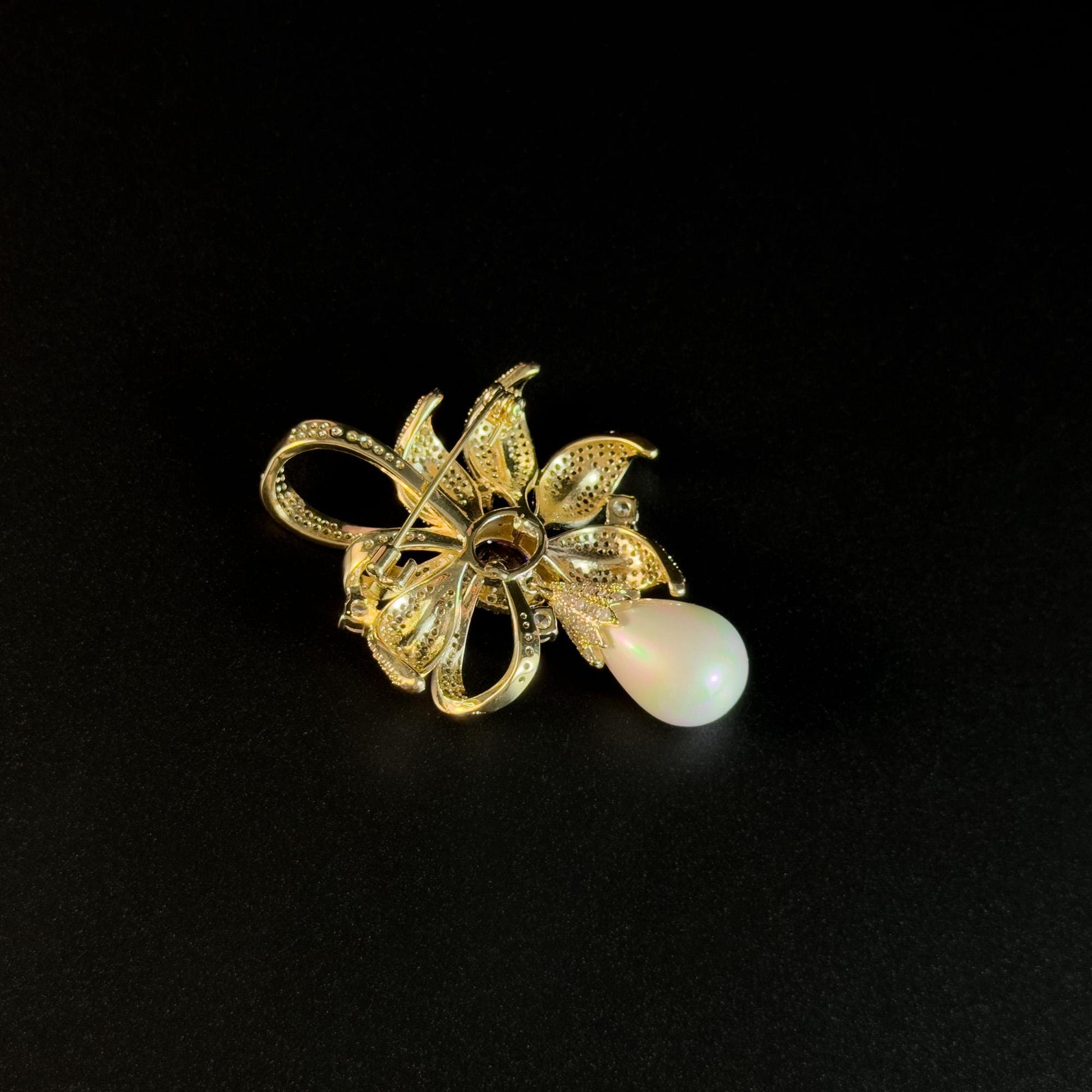 Purple Zircon Bow and Pearl Pendant Brooch
