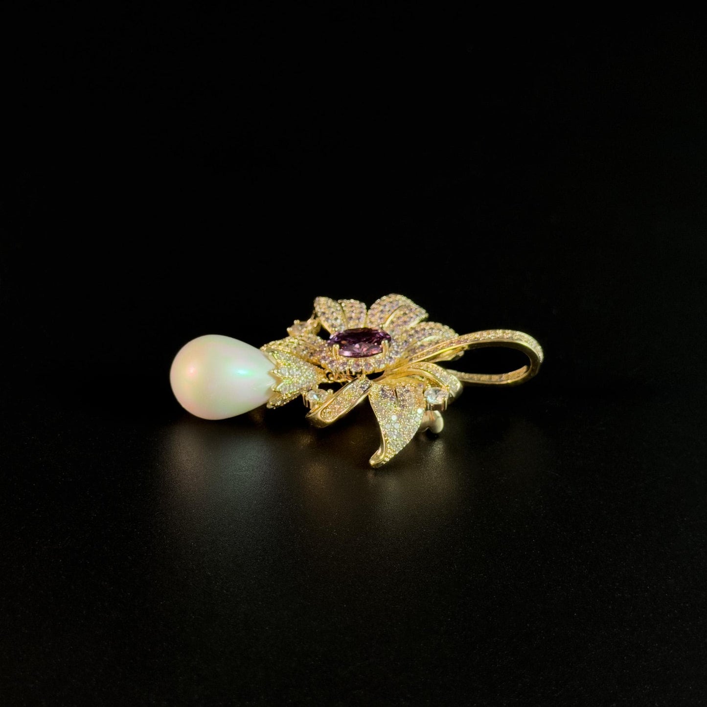 Purple Zircon Bow and Pearl Pendant Brooch