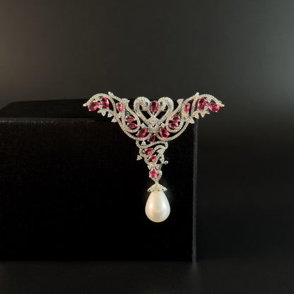 Pink Zircon Double Swan Pearl Pendant Brooch
