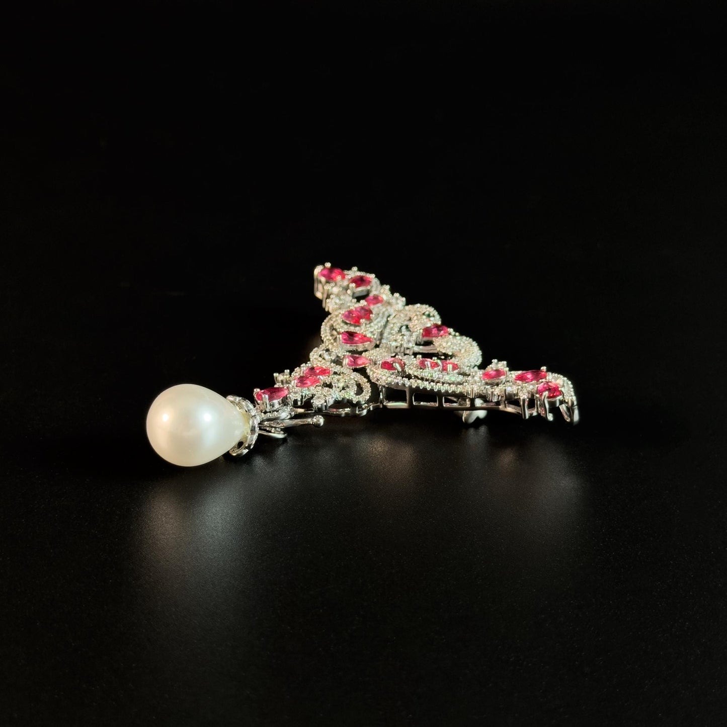 Pink Zircon Double Swan Pearl Pendant Brooch
