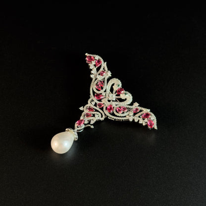 Pink Zircon Double Swan Pearl Pendant Brooch