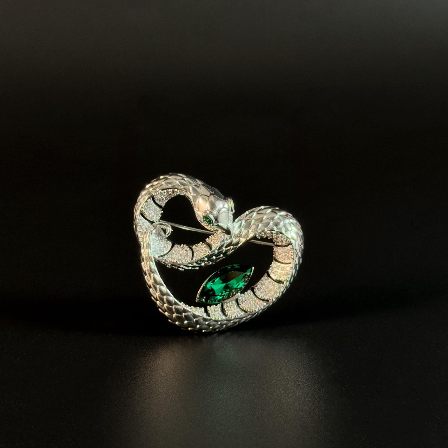 Green Zircon Heart-Shaped Snake Brooch