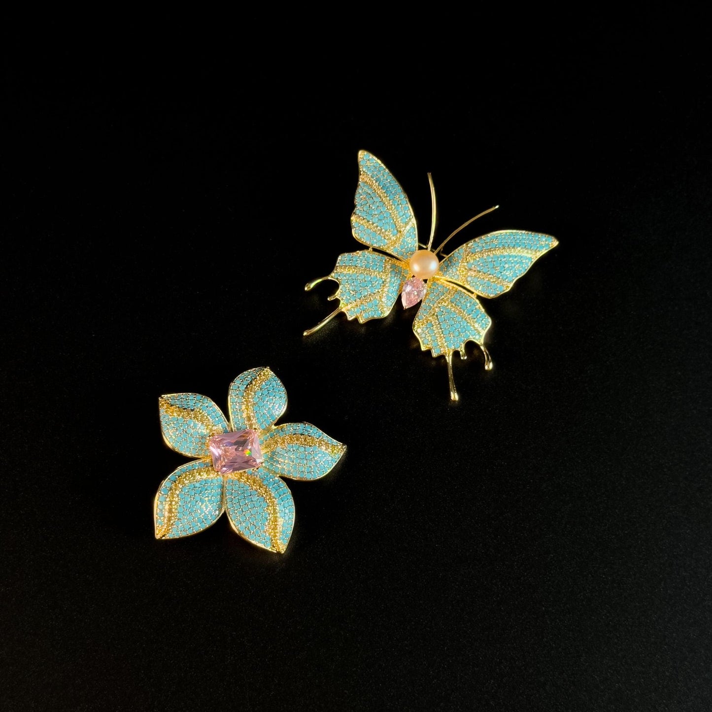 Astydamia · Azure Butterfly and Flower Brooch