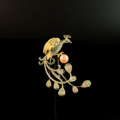 Astyanax · Golden Long-Tailed Peacock Brooch
