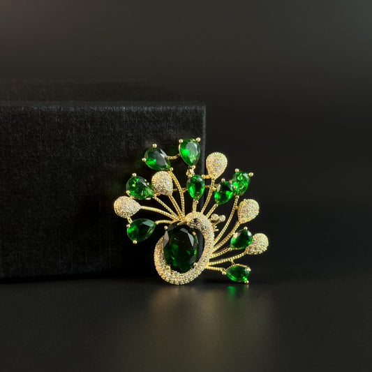 Auxo · Verdant Fan-Tail Peacock Brooch