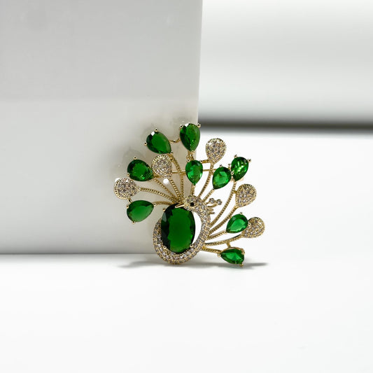 Auxo · Verdant Fan-Tail Peacock Brooch