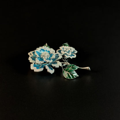 Machaon · Azure Heavily Embellished Peony Brooch